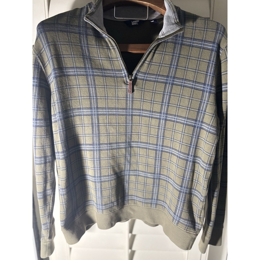 Lands' End Medium Olive Green Plaid 1/4 Zip Bedford Heavyweight Corduroy Rib - Picture 5 of 7